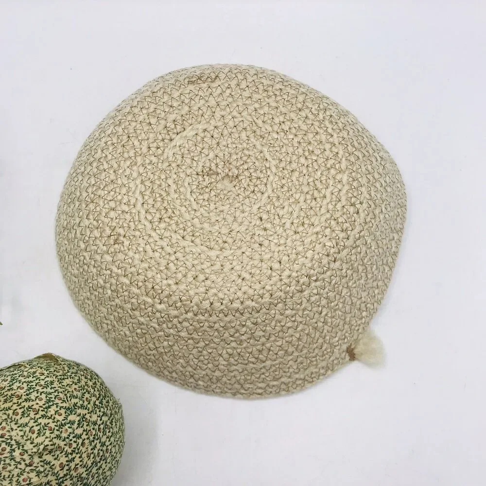 Rope Basket Beige Cream with 5 Vintage Style Balls in Green Handmade 7x7x2.5